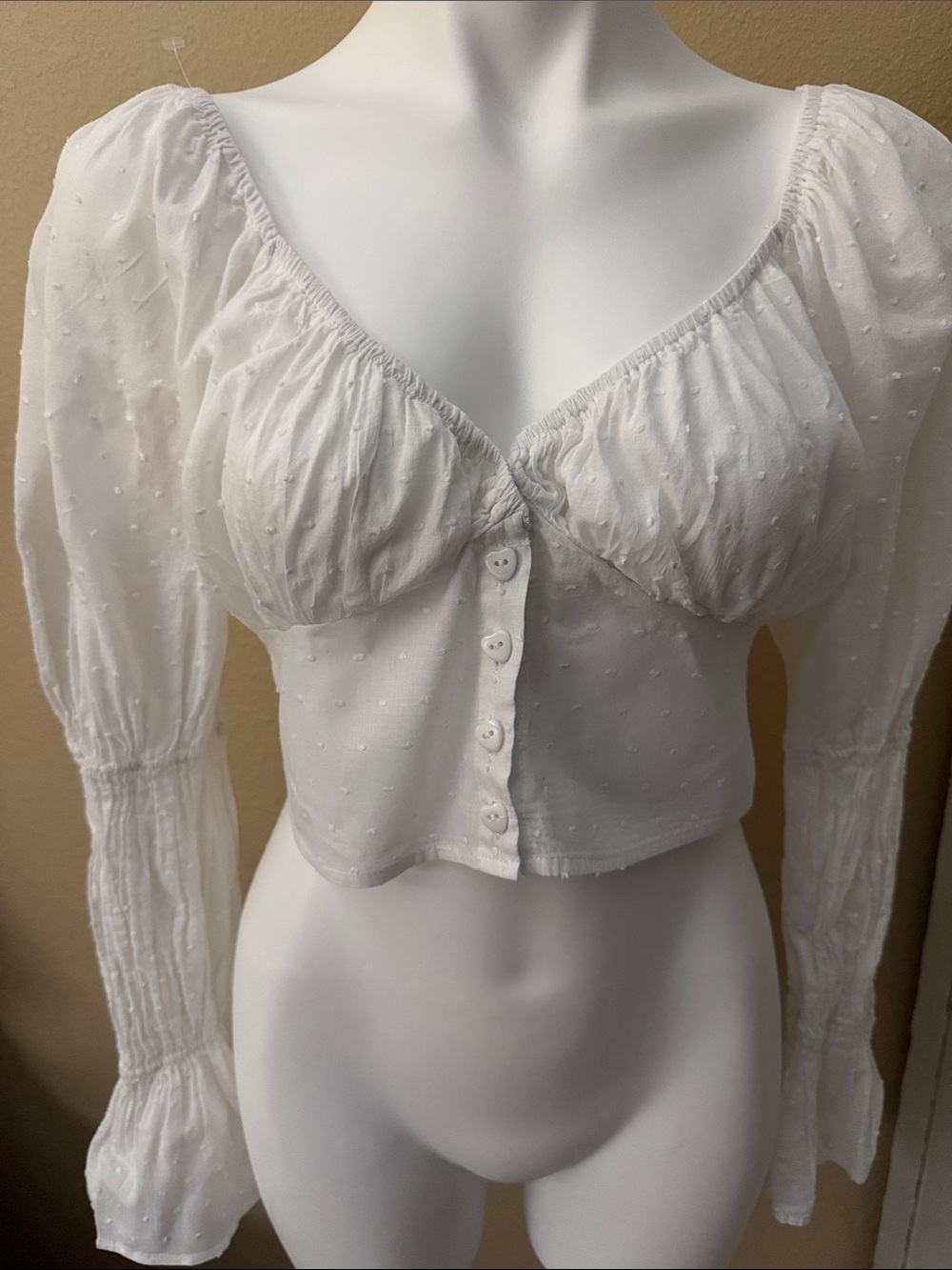 Nasty Gal White Swiss Dot Button-Front Milkmaid Peasant Crop Top